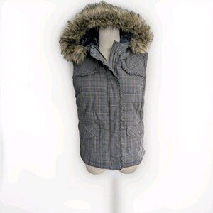 Aeropostale Vest Fur Fuzzy Big Hood  Y2K LGB Hype Style Womens Size M Plaid